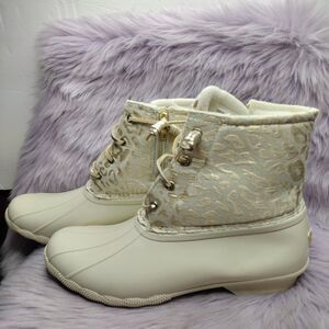 NEW Sperry Women's Saltwater Boots Duck Ivory Leopard Jacquard Size 12